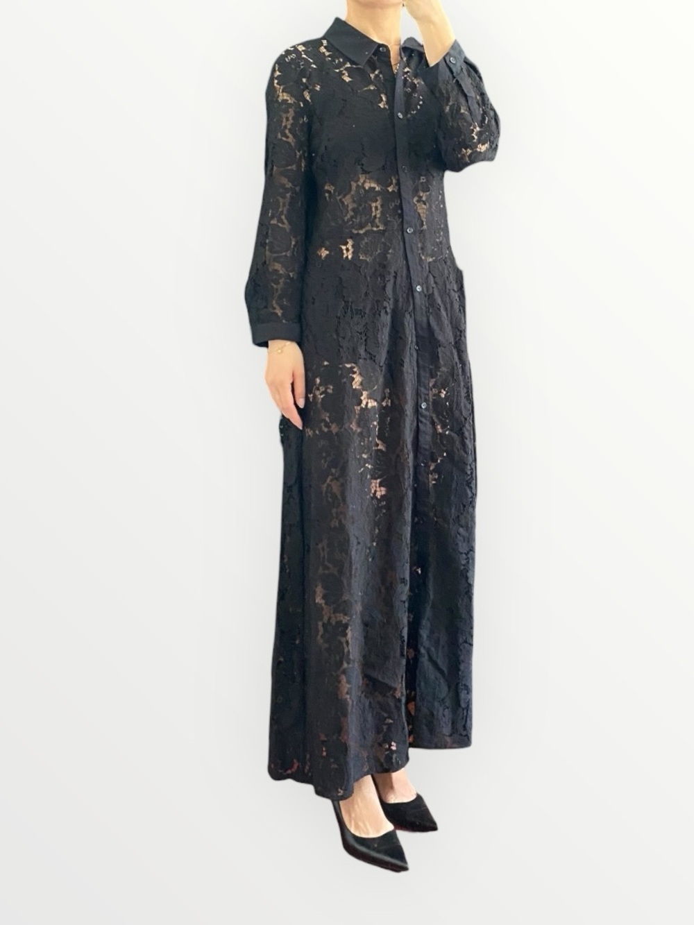 Zara Black Lace Collared Waist Tie Long Dress Size L - Picture 6 of 13
